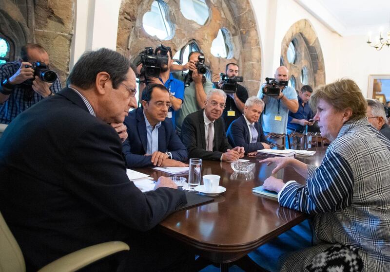 Jane Holl Lute, the Uinted Nations special envoy on the Cyprus conflict, meets with Cypriot President Nicos Anastasian’s, at the presidential palace in the capital Nicosia.  AFP