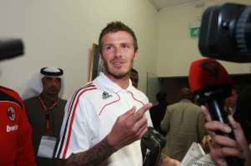 DUBAI, UNITED ARAB EMIRATES - JANUARY 5:  Football star David Beckham, who is in town with his team AC Milan, after a practice session at the Al Nasr Club in Dubai on January 5, 2009.  (Randi Sokoloff / The National)  For story by Alam Khan. *** Local Caption ***  RS001-050109-Beckham.jpg