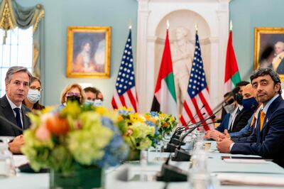 UAE Foreign Minister Sheikh Abdullah bin Zayed and US Secretary of State Antony Blinken during their bilateral meeting in Washington in October 2021. AP Photo