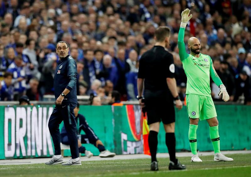 Chelsea manager Maurizio Sarri storms away after Kepa Arrizabalaga (not pictured) refuses to be substituted. Action Images via Reuters