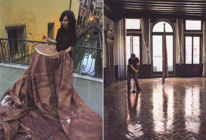 The work of Teresa Margolles: (left) Teresa embroiders a bloodstained sheet in the performance piece 'Narcomensajes'. (right) 'Limpieza', a performance piece in which a young man mops a floor with rags soiled with the debris of crime scenes