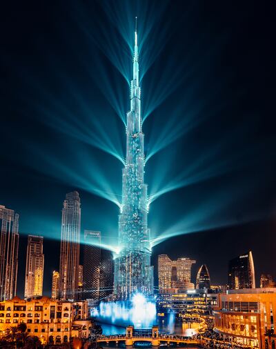The light beams from the Burj Khalifa New Year's Eve laser show will purportedly set a new world record for travelling the longest distance. Photo: Emaar  