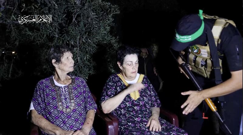 Israeli women who were held hostage by Palestinian Hamas militants, Yocheved Lifshitz and Nurit Cooper (also known as Nurit Yitzhak), are released by the militants. Reuters