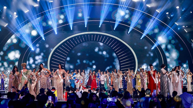Miss Universe 2021 on stage at the end of the preliminary round.