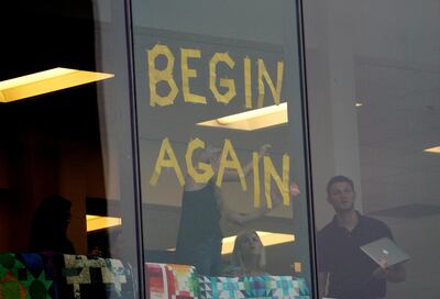 A sign in an office building across the street from Denver Federal Court where the Taylor Swift groping trial goes on in Denver U.S. August 14, 2017.  REUTERS/Rick Wilking