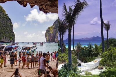 Maya Bay Beach, Ko Phi Phi Le Island, Thailand, are overcrowded with tourists because it is now a honeypot or bucket list tourism destination. Harry Green / Alamy Stock Photo

Palawan - 