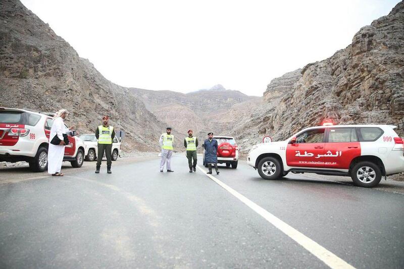 In Ras Al Khaimah, police closed the road leading to Jebel Jais and Wadi Al Qor in Al Minae area. Courtesy RAK Police