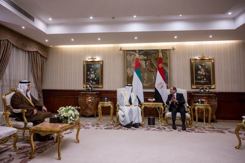 President Sheikh Mohamed is received by Mr El Sisi, alongside Sheikh Mansour bin Zayed, Vice President, Deputy Prime Minister and Minister of the Presidential Court
