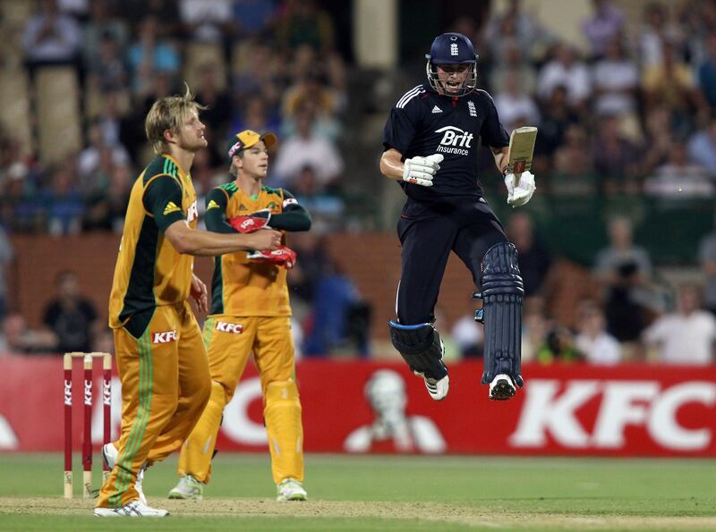 ADELAIDE, AUSTRALIA - JANUARY 12:  Chris Woakes of England celebrates as he hits the winning runs from the last ball of the match during the First Twenty20 International Match between Australia and England at Adelaide Oval on January 12, 2011 in Adelaide, Australia.  (Photo by Morne de Klerk/Getty Images) *** Local Caption ***  GYI0063011657.jpg