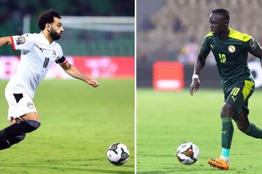 (COMBO) This combination of file pictures made on February 4, 2022, shows, at left, Egypt's forward Mohamed Salah in Garoua on January 15, 2022; and Senegal's forward Sadio Mane in Yaounde on February 2, 2022. - Senegal will face Egypt in the Africa Cup of Nations (CAN) 2021 final football match, scheduled for February 6, 2022, at Stade d'Olembe in Yaounde. (Photo by Daniel BELOUMOU OLOMO and Kenzo TRIBOUILLARD / AFP)