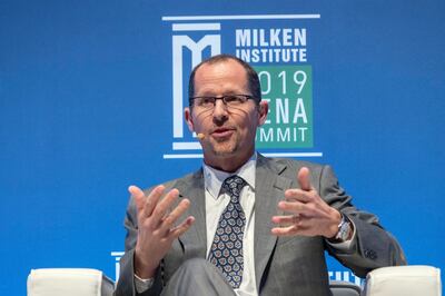 ABU DHABI, UNITED ARAB EMIRATES. 12 FEBRUARY 2019. Panel discussion on Workforce at the Milken Institute 2019 MENA Summit. Jeff Maggioncalda, Coursera. (Photo: Antonie Robertson/The National) Journalist: John Dennehy. Section: National.