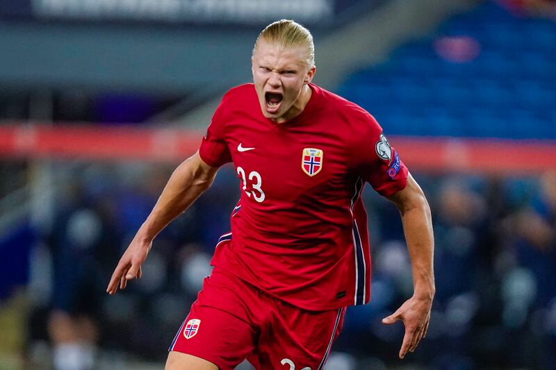 Norway's Erling Haaland celebrates after scoring his side's fifth goal during the World Cup 2022 Group G qualifying match against Gibraltar at Ullevaal Stadium. AP