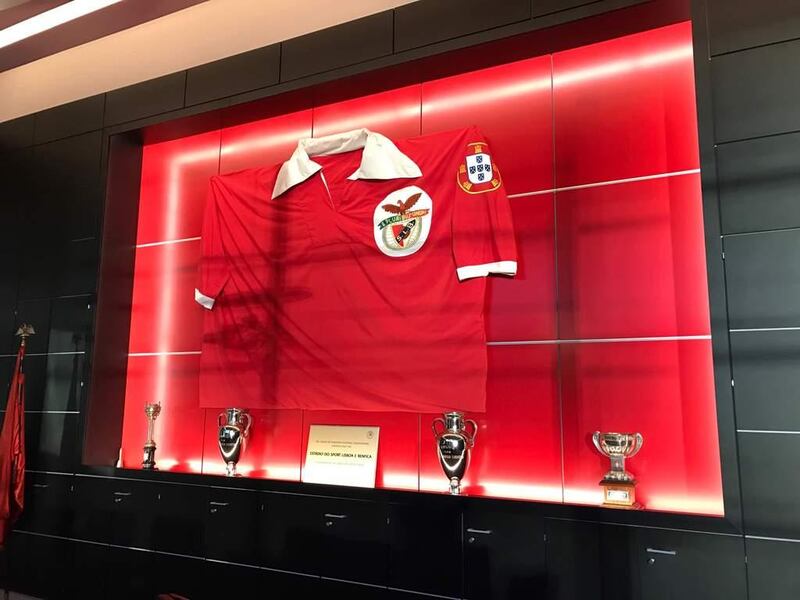 A giant replica version of the club’s 1960s shirt fills one of the walls in the Benfica boardroom. Courtesy Andy Mitten