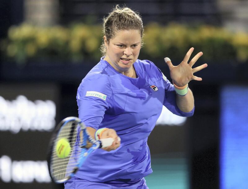 Dubai, United Arab Emirates - Reporter: John McAuley: Kim Clijsters plays a shot in the game between Kim Clijsters and Garbi–e Muguruza in the Dubai Duty Free Tennis Championship. Monday, February 17th, 2020. Dubai Duty Free Tennis stadium, Dubai. Chris Whiteoak / The National