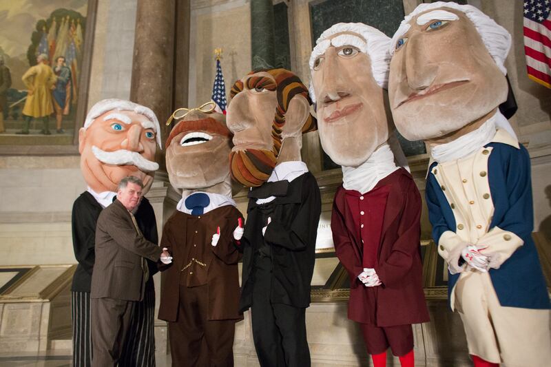 Washington Nationals Racing Presidents stop at the National Archives to shoot a new fourth-inning race introduction video, where they were met by US Archivist David Ferriero.