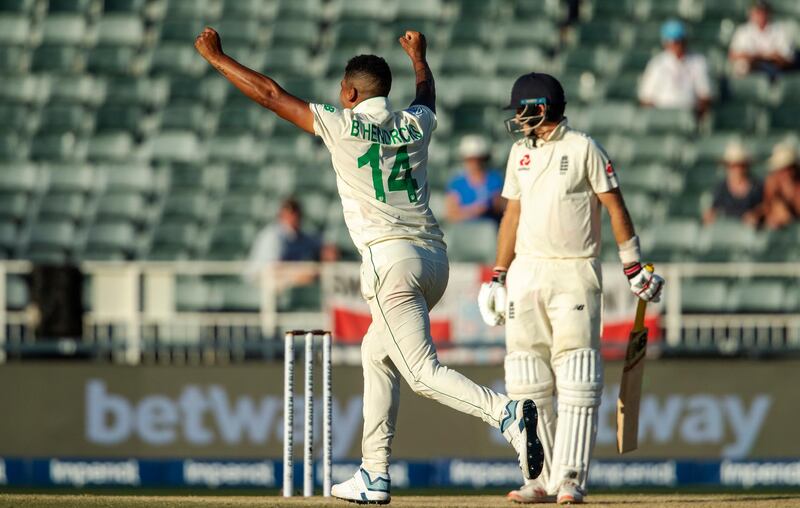 South Africa bowler Beuran Hendricks celebrates after dismissing Joe Root. AP