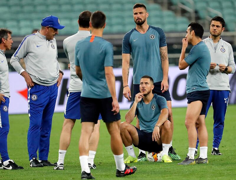 Chelsea players and staff during a training session ahead of the Europa League final. EPA