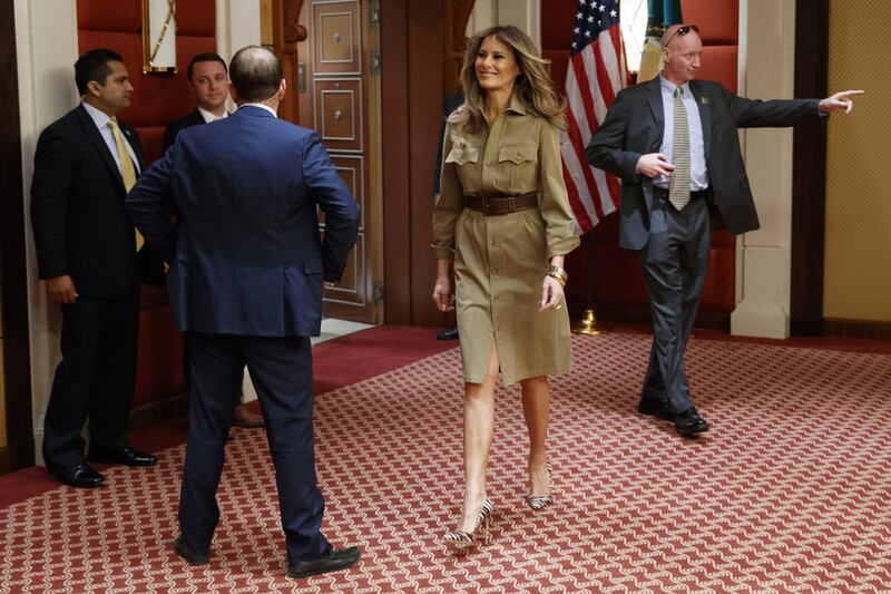 First lady Melania Trump walks in a hallway before a meeting between US president Donald Trump and Bahrain’s King Hamad bin Isa Al Khalifa, on Sunday, May 21, 2017, in Riyadh. Evan Vucci / AP Photo