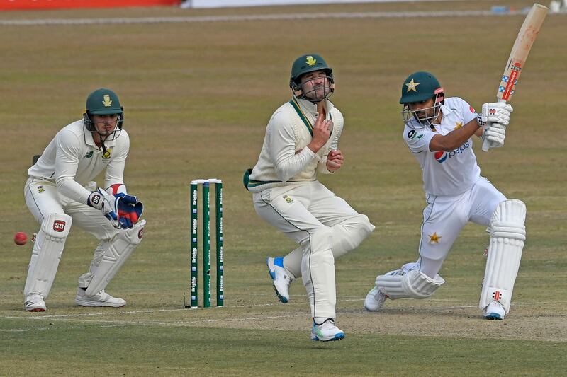 South Africa fielder Dean Elgar takes evasive action after Pakistan captain Babar Azam plays a shot during Day 1 of the second Test at the Rawalpindi Cricket Stadium, on Thursday, February 4. AFP