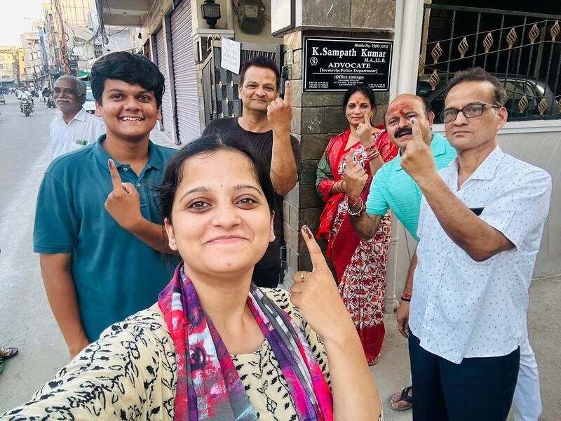Dubai businessman Ramakant Dixit (blue t-shirt, second right behind) with family and friends in Hyderabad as part of efforts to get more people to the polling booths in the India elections. Photo: Ramakant Dixit