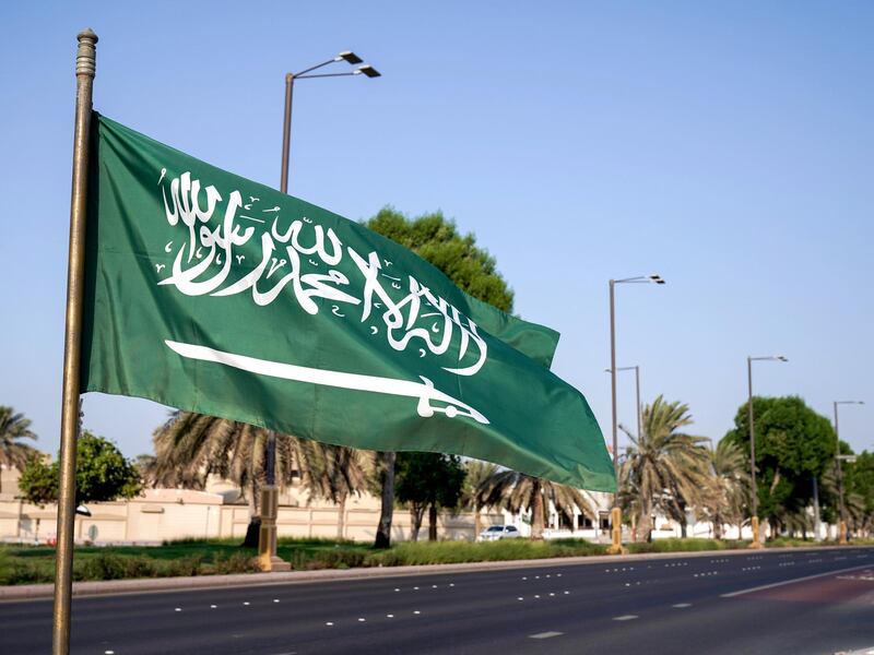 Abu Dhabi, United Arab Emirates, September 22, 2019.   
The U.A.E. gets set for the Saudi Arabia National Day.  A Saudi Arabia flag on King Abdullah Bin Abdulaziz Al Saud St., Abu Dhabi.
Victor Besa / The National
Section:  NA
Reporter: