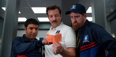 From left, Nick Mohammed, Jason Sudeikis and Brendan Hunt in 'Ted Lasso'. AP 