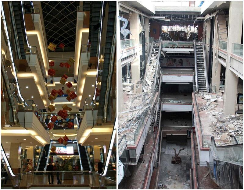 Shahba Mall, one of the largest commercial shopping centres in Syria, before it was damaged on December 12, 2009, left, and on October 16, 2014. Khalil Ashawi (left) / Abdalrhman Ismail / Reuters