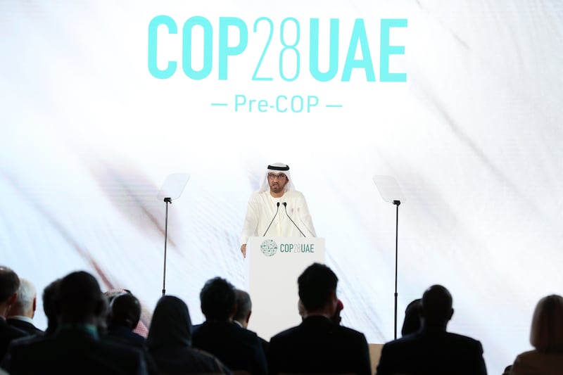 Dr Sultan Al Jaber, Cop28 President-designate and UAE Minister of Industry and Advanced Technology, speaks at the opening ceremony of Pre-Cop28 in Abu Dhabi. All photos: Chris Whiteoak / The National