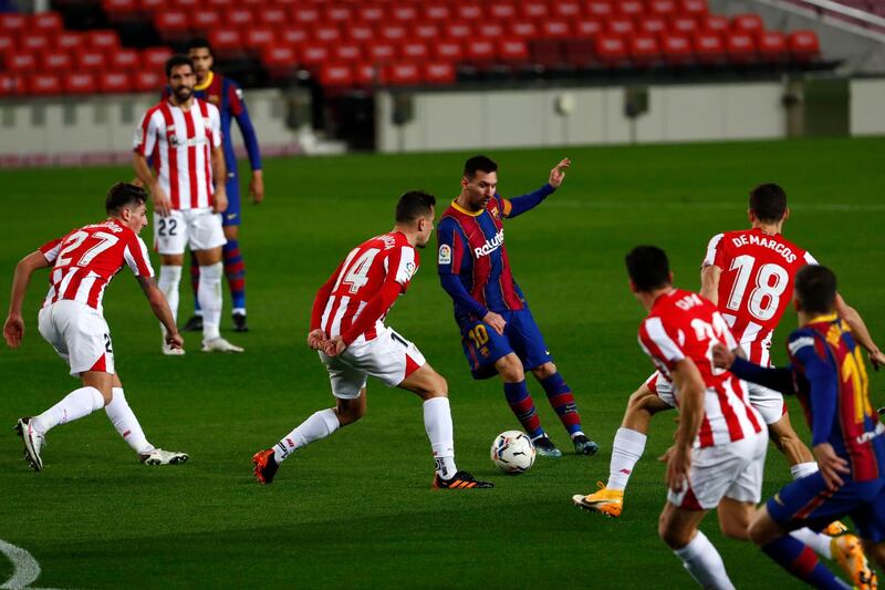Barcelona's Lionel Messi on the attack against Athletic Bilbao. AP