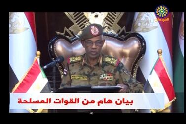 Sudan's Defence Minister Awad Mohamed Ahmed Ibn Auf makes an announcement in Sudan. Reuters