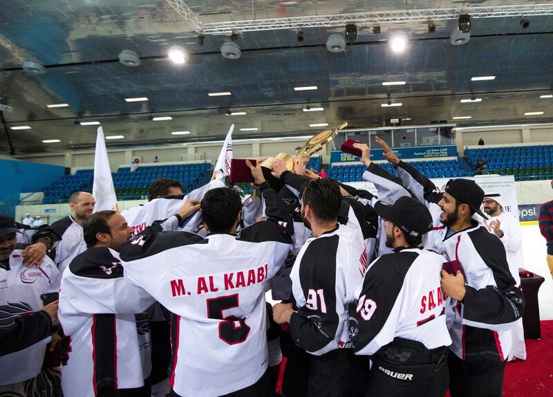ABU DHABI, UNITED ARAB EMIRATES - AD storms team celebrating their win at the AD Storms vs Belarus final game at the Ice Hockey President Cup 2018, Zayed Sport City Ice Rink, Abu Dhabi.  Leslie Pableo for The National