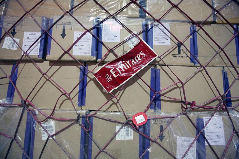 DUBAI, UNITED ARAB EMIRATES - JUNE 30:  Emirates SkyCargo is the air freight division of Emirates Airline with its on the ground operation being facilitated at the Cargo Mega Terminal (CMT) at Cargo Village in Dubai. All import, export and transshipment cargo make its way through this central hub. In this photo boxes of cargo are seen on one of the work floors at the CMT in Dubai, on June 30, 2009.  (Randi Sokoloff / The National)  For Business stock.