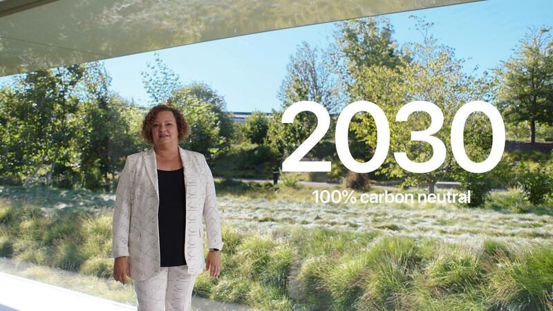 Apple's vice president of Environment, Policy and Social Initiatives Lisa Jackson discusses how Apple plans to make all of its products carbon neutral by 2030 during a special event at the company's headquarters of Apple Park in a still image from video released in Cupertino, California, U.S.  REUTERS