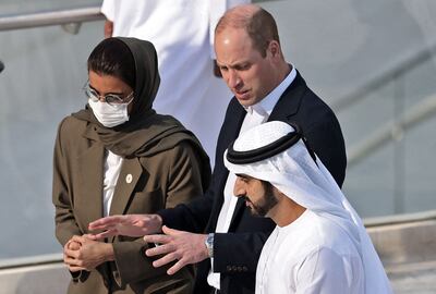 Crown Prince of Dubai Sheikh Hamdan bin Mohammed with Prince William and Noura Al Kaabi, Minister of Culture and Youth, at Expo 2020 Dubai, February 10, 2022. AFP
