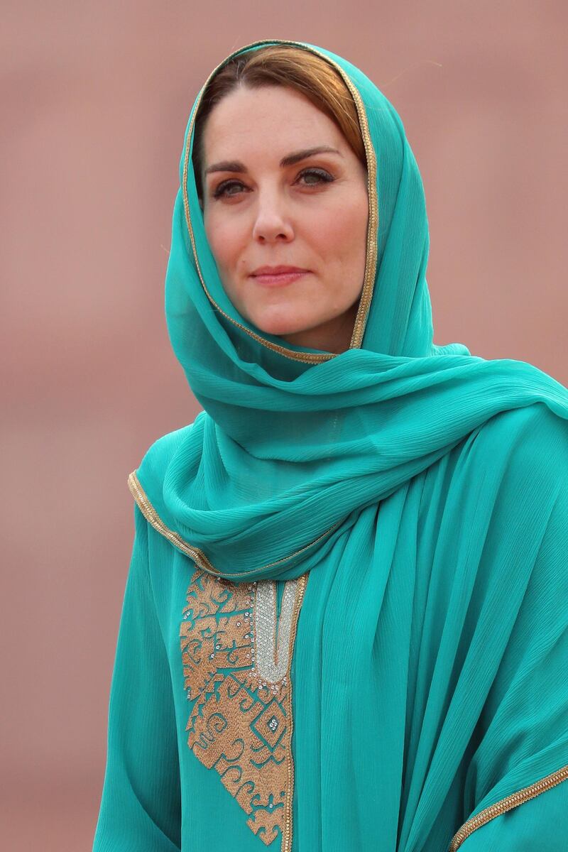 Catherine, Duchess of Cambridge arrives at the Badshahi Mosque within the Walled City during day four of their royal tour of Pakistan on October 17, 2019 in Lahore, Pakistan.