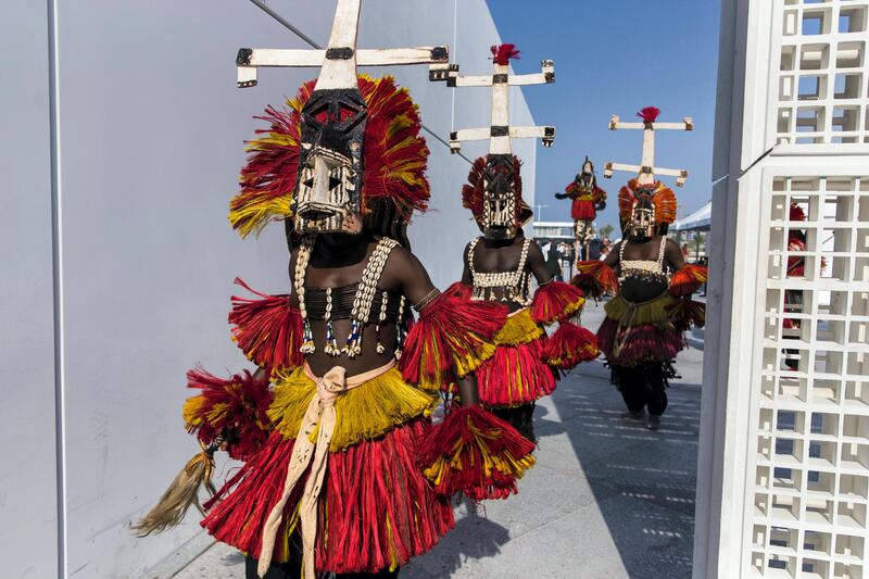 Abu Dhabi, United Arab Emirates, November 11, 2017:    Members of the Awa Troupe of Sanghan arrive during the opening day at the Louvre Abu Dhabi on Saadiyat Island in Abu Dhabi on November 11, 2017. Christopher Pike / The National

Reporter: James Langton, John Dennehy
Section: News