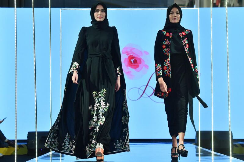 Two looks from Indonesian designer Anggia during Jakarta Modest Fashion Week. AFP