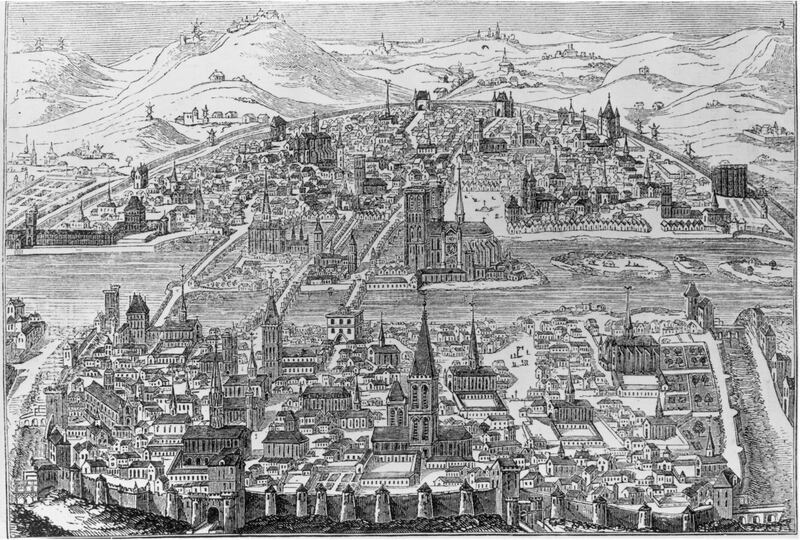 Circa 1600, Encircling the River Seine; Paris looking North in the reign of Henri IV (1553-1610). Notre Dame in the centre. (Photo by Hulton Archive/Getty Images)