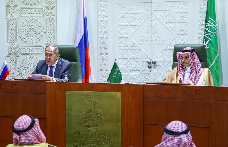 Saudi Arabia's Foreign Minister Faisal bin Farhan Al-Saud attending a press conference with Russian Foreign Minister Sergei Lavrov in Riyadh. EPA