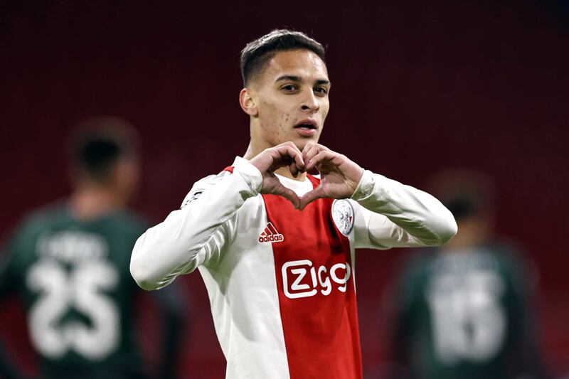 Antony celebrates scoring for Ajax in the Champions League match against Sporting Lisbon in Amsterdam in December 2021. EPA