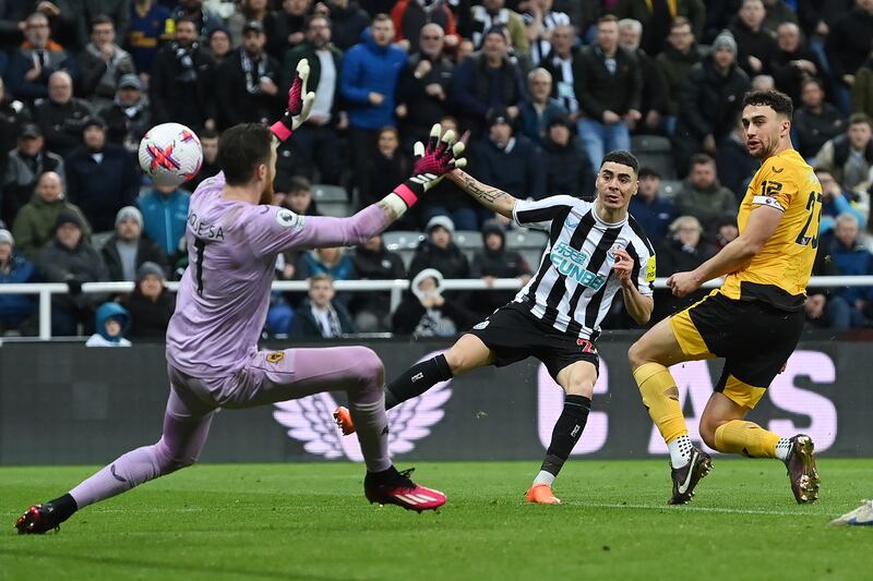 Substitute Miguel Almiron scores Newcastle United's second goal in their 2-1 Premier League win over Wolves at St James' Park on March 12, 2023. Getty