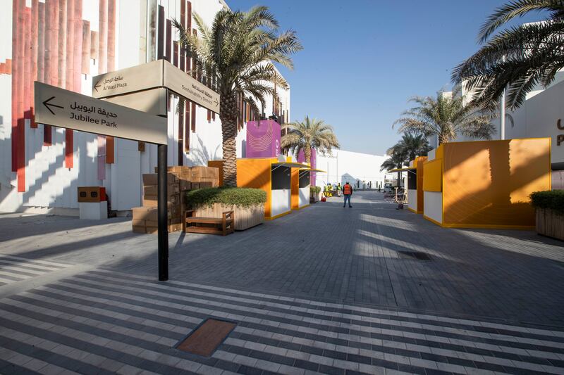 The fan zone at Expo City Dubai under construction during the countdown to the World Cup. Ruel Pableo for The National