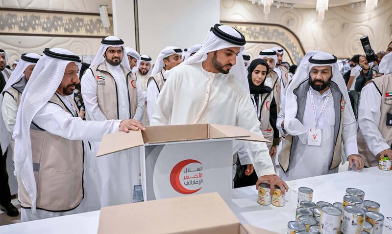Sheikh Rashid bin Humaid, chairman of the Municipality and Planning Department in Ajman, supported the latest Gaza aid collection event in Ajman. Photo: Wam