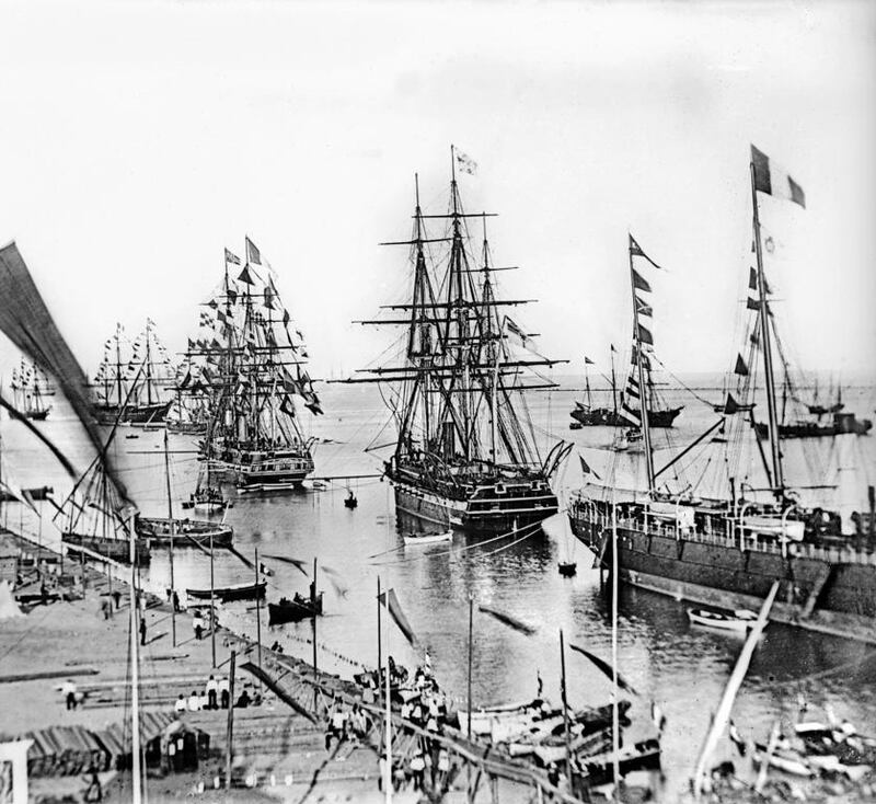 The inaugural ceremony of the Suez Canal in 1869. Frederic-Auguste Bartholdi pitched the Suez Canal Company on a large copper statue, modelled after the Colossus of Rhodes, of an 80 foot woman wearing Egyptian peasant robes and bearing a torch which would double as a lighthouse. The Suez Canal Company wasn't interested – but the French government and New York state were. Bartholdi's project became the Statue of Liberty. Getty Images