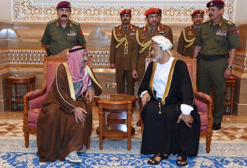 Sultan Sayyid Haitham Bin Tariq Al Said receives Kuwait's Emir Sheikh Sabah al-Ahmad al-Jaber al-Sabah in Muscat. AFP