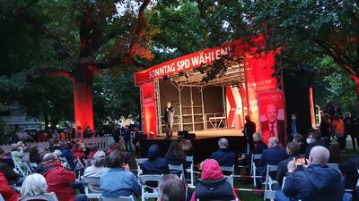 Social Democratic candidate Olaf Scholz speaks at a rally in Lueneburg, Germany, in the final days of the campaign. Tim Stickings/The National 