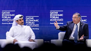 Qatar's Energy Minister Saad Al Kaabi and TotalEnergies chief executive Patrick Pouyanne at the Qatar Economic Forum in Doha. Bloomberg