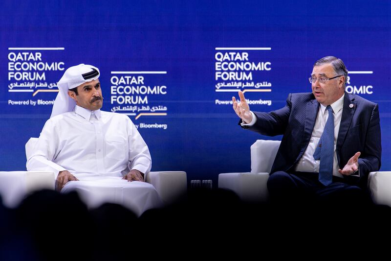 Qatar's Energy Minister Saad Al Kaabi and TotalEnergies chief executive Patrick Pouyanne at the Qatar Economic Forum in Doha. Bloomberg