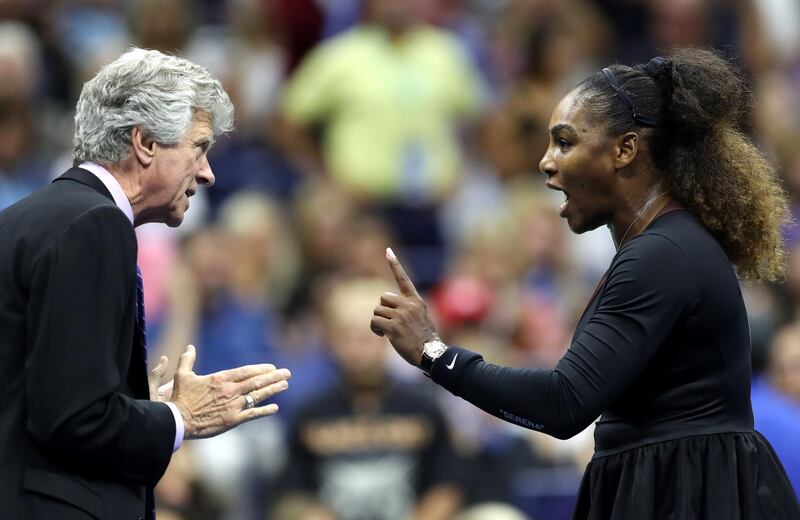 Serena Williams argues with referee Brian Earley. Getty