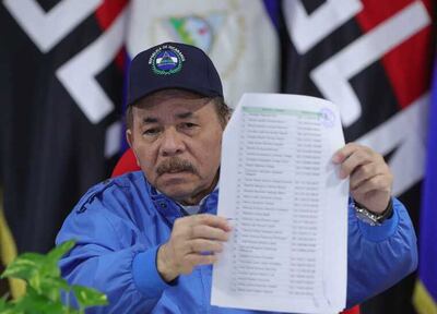 Nicaragua's President Daniel Ortega holds the list of names of the 222 political prisoners who were released. EPA